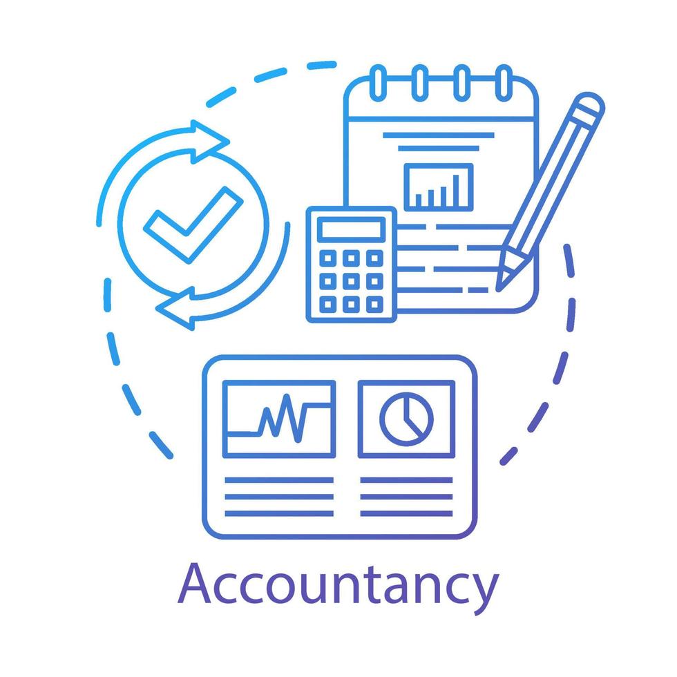 Accountancy concept icon. Budgeting and finance planning. Keeping financial records. Performing audits. Bookkeeping idea thin line illustration. Vector isolated outline drawing. Editable stroke