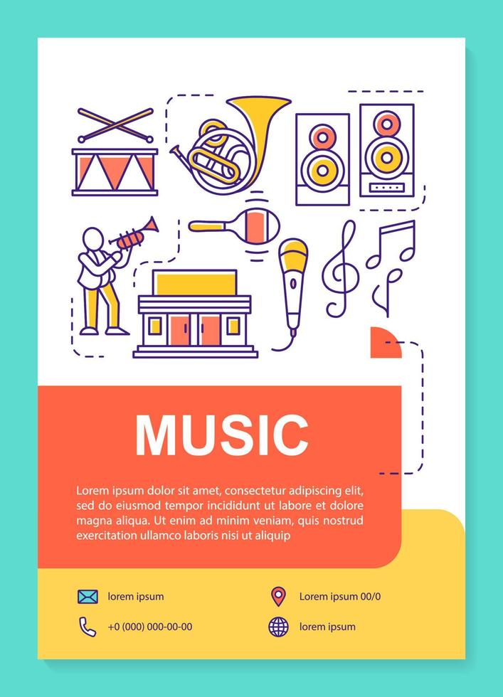 Music industry poster template layout. Entertainment business. Banner, booklet, leaflet print design with linear icons. Vector brochure page layouts for magazines, advertising flyers