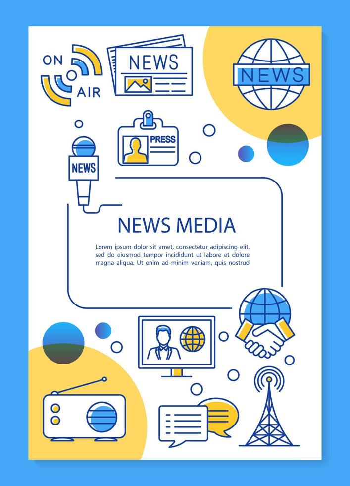 diseño de plantilla de póster de medios de noticias. industria de las telecomunicaciones. banner, folleto, diseño de impresión de folletos con iconos lineales. diseños de páginas de folletos vectoriales para revistas, folletos publicitarios vector