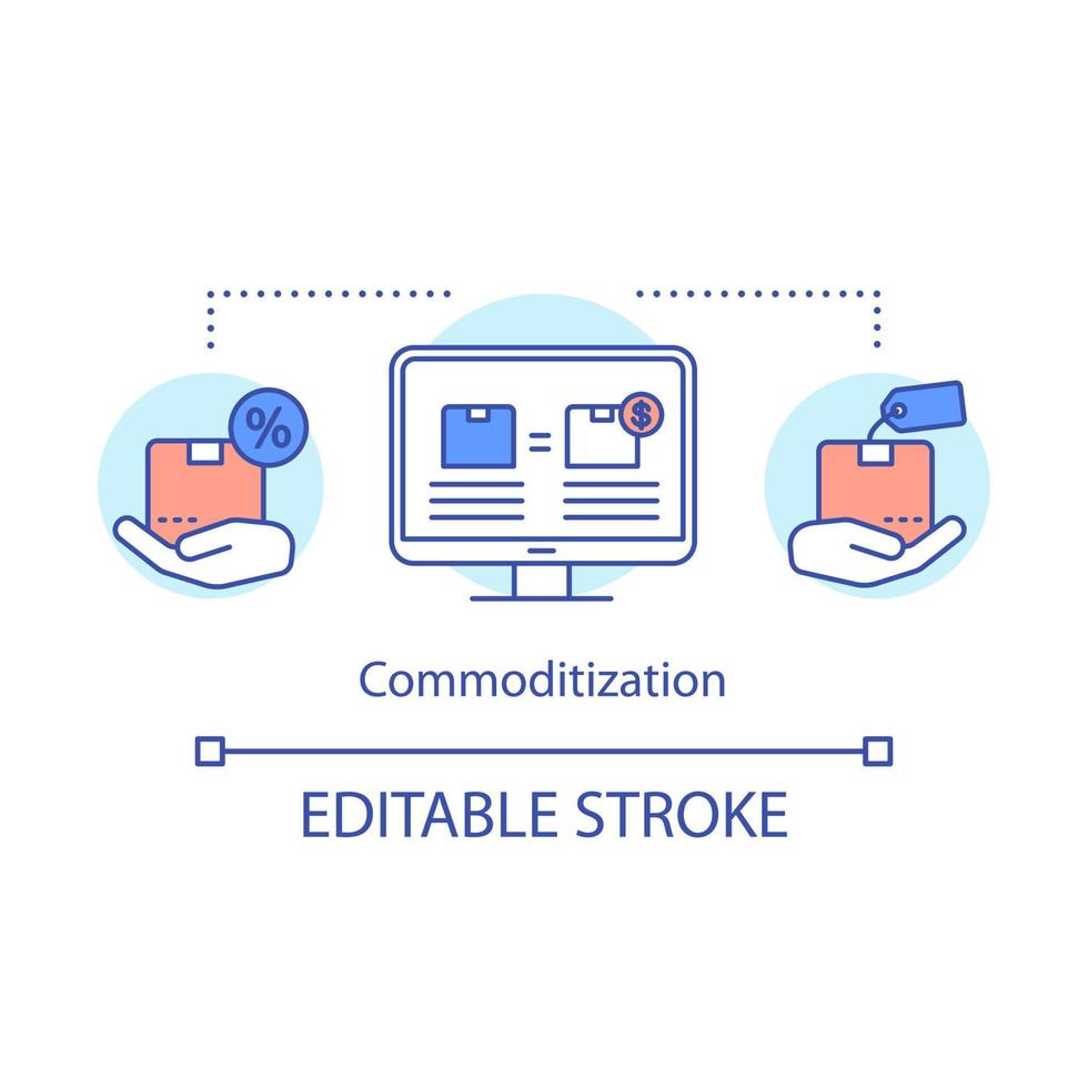 Commoditization concept icon. Customer service, e commerce idea thin line illustration. Modern business, consumerism. Packages and computer monitor vector isolated outline drawing. Editable stroke