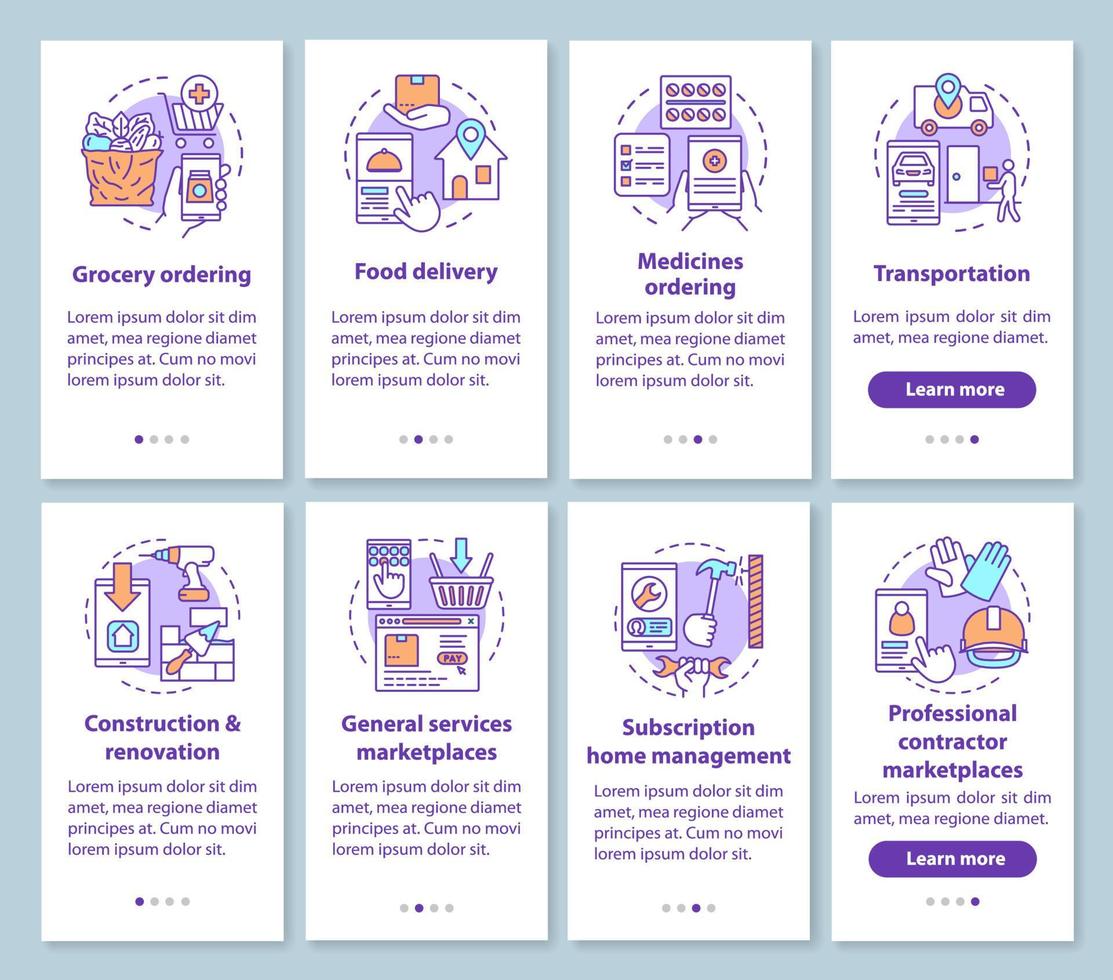 On demand economy onboarding mobile app page screen with linear concepts set. Commercial services industry walkthrough steps graphic instructions. UX, UI, GUI vector template with illustrations