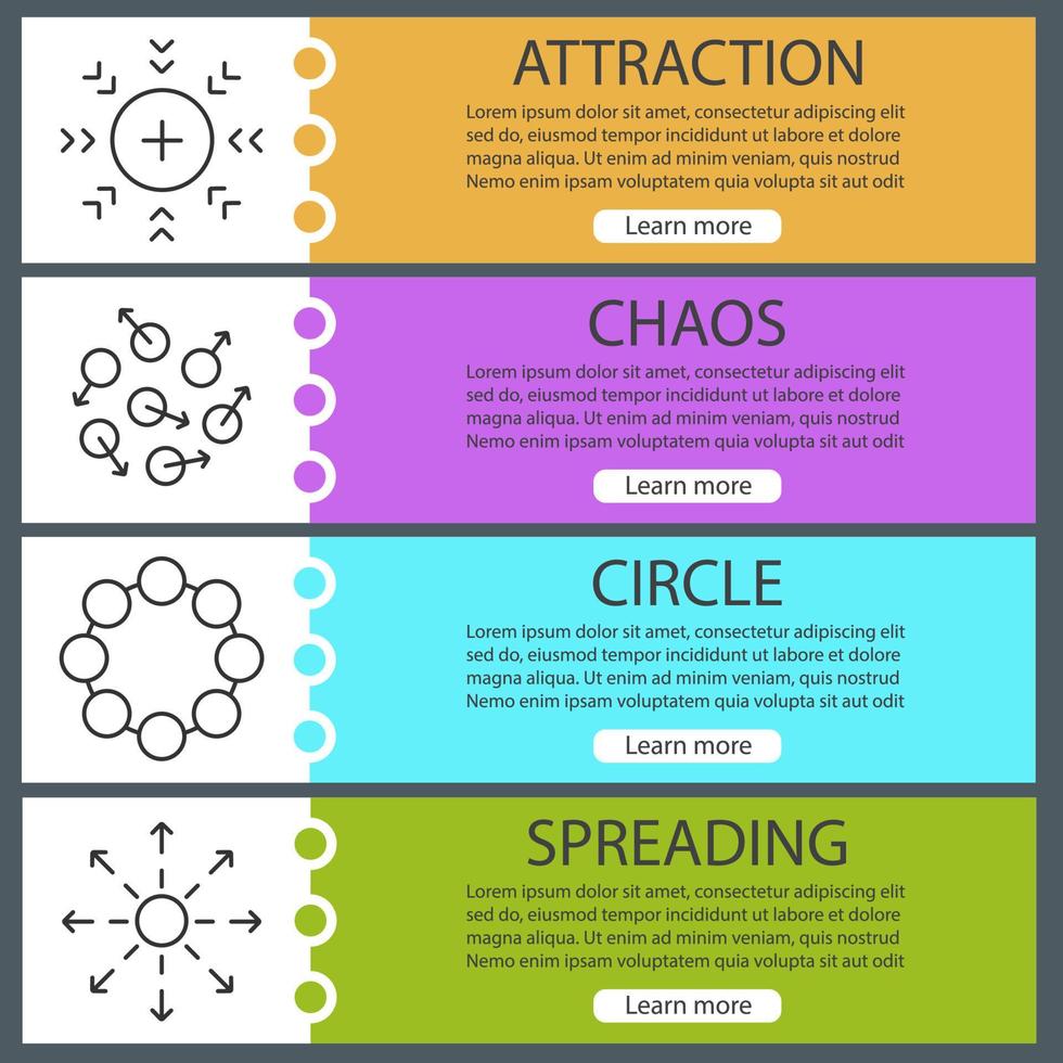 Abstract symbols web banner templates set. Attraction, chaos, circle, spreading. Website color menu items with linear icons. Vector headers design concepts
