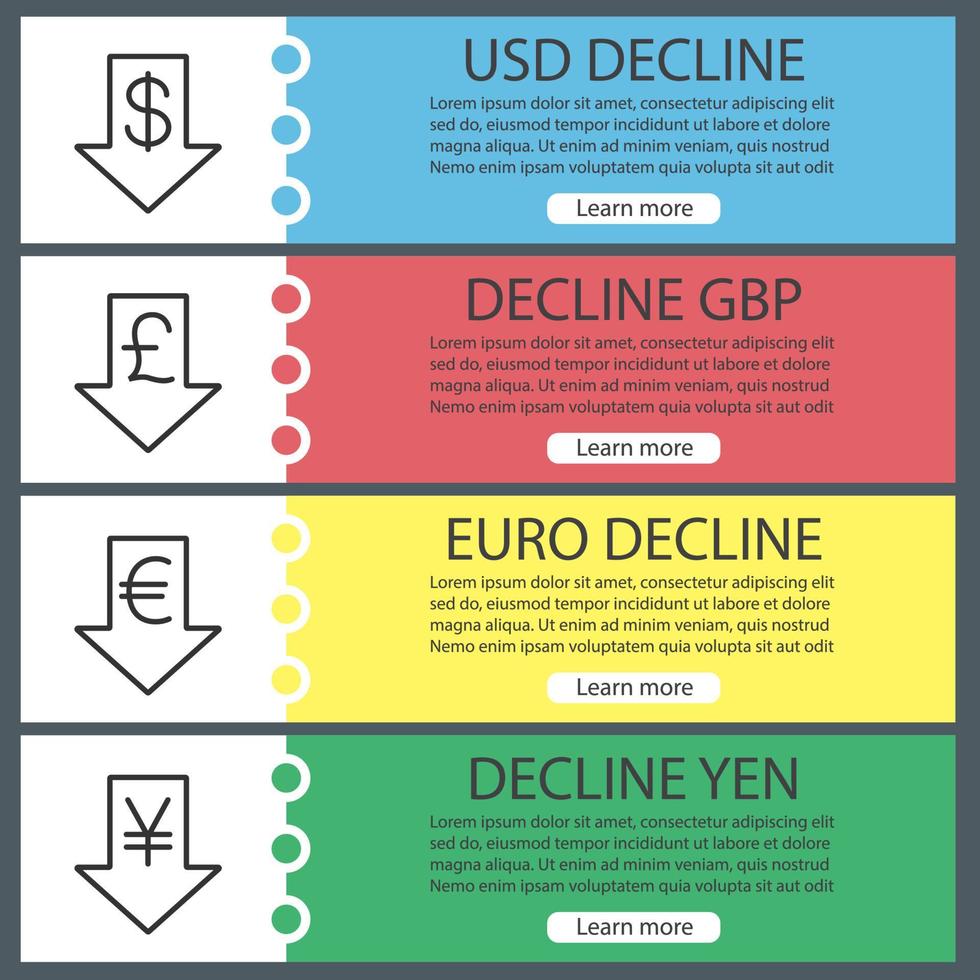 Currencies rate fall web banner templates set. Decline us dollar, euro, gbp, yen. Website color menu items with linear icons. Vector headers design concepts