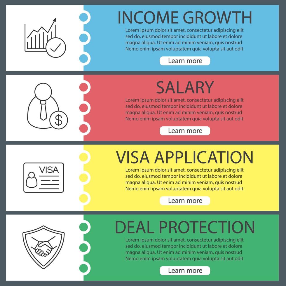 Business web banner templates set. Income growth chart, businessman, work visa, deal protection shield with handshake. Website color menu items with linear icons. Vector headers design concepts