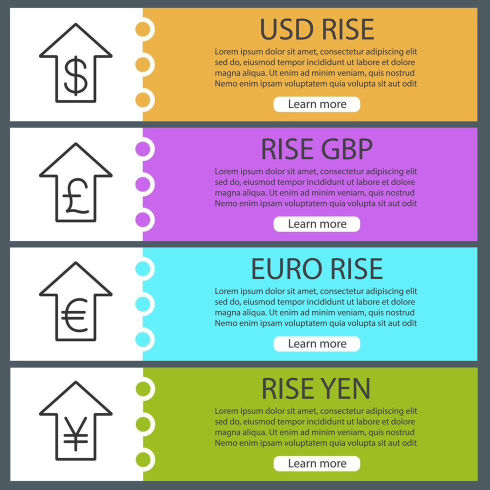 Currencies rate rise web banner templates set. US dollar, euro, gbp, yen with up arrows. Website color menu items with linear icons. Vector headers design concepts