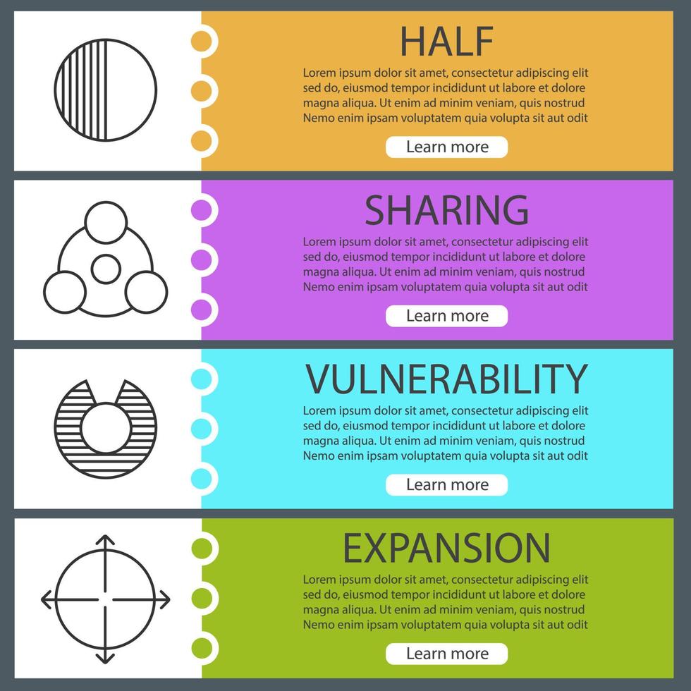 Abstract symbols web banner templates set. Half, sharing, vulnerability, expansion. Website color menu items with linear icons. Vector headers design concepts