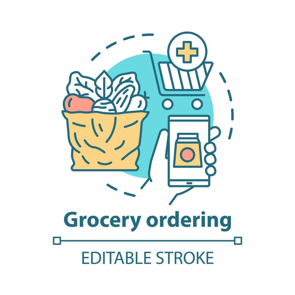 icono de concepto de pedido de comestibles. servicio al cliente, ilustración de línea fina de idea de entrega de alimentos a domicilio. carro de la compra, teléfono inteligente y paquete de verduras dibujo de contorno aislado del vector. trazo editable vector