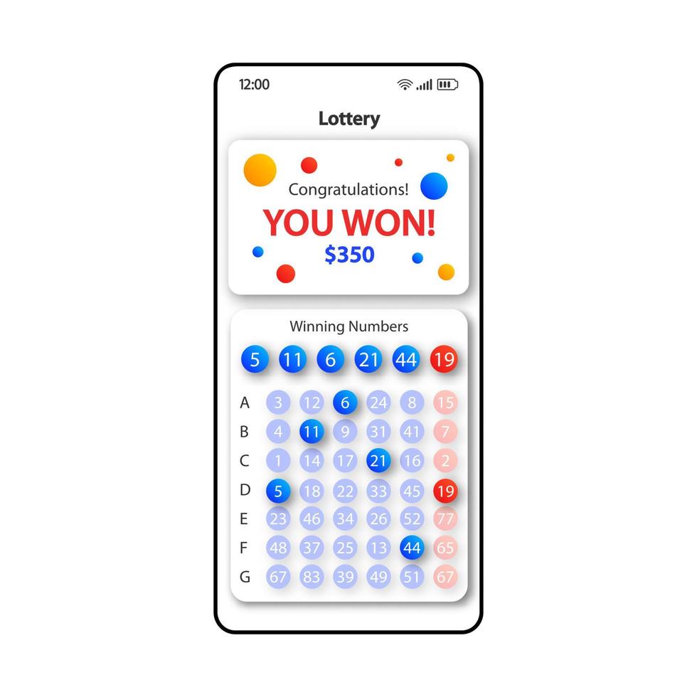 Lottery smartphone interface vector template. Mobile app page white design layout. Victory congratulations screen. Flat UI for application. Winning numbers combination phone display