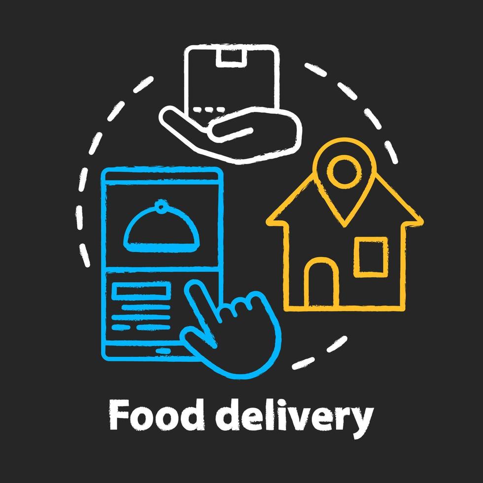 icono de concepto de tiza de entrega de alimentos. servicio al cliente, idea de aplicación de pedido de almuerzo. comercio minorista en línea, compras móviles. paquete, aplicación móvil y casa vector ilustración de pizarra aislada