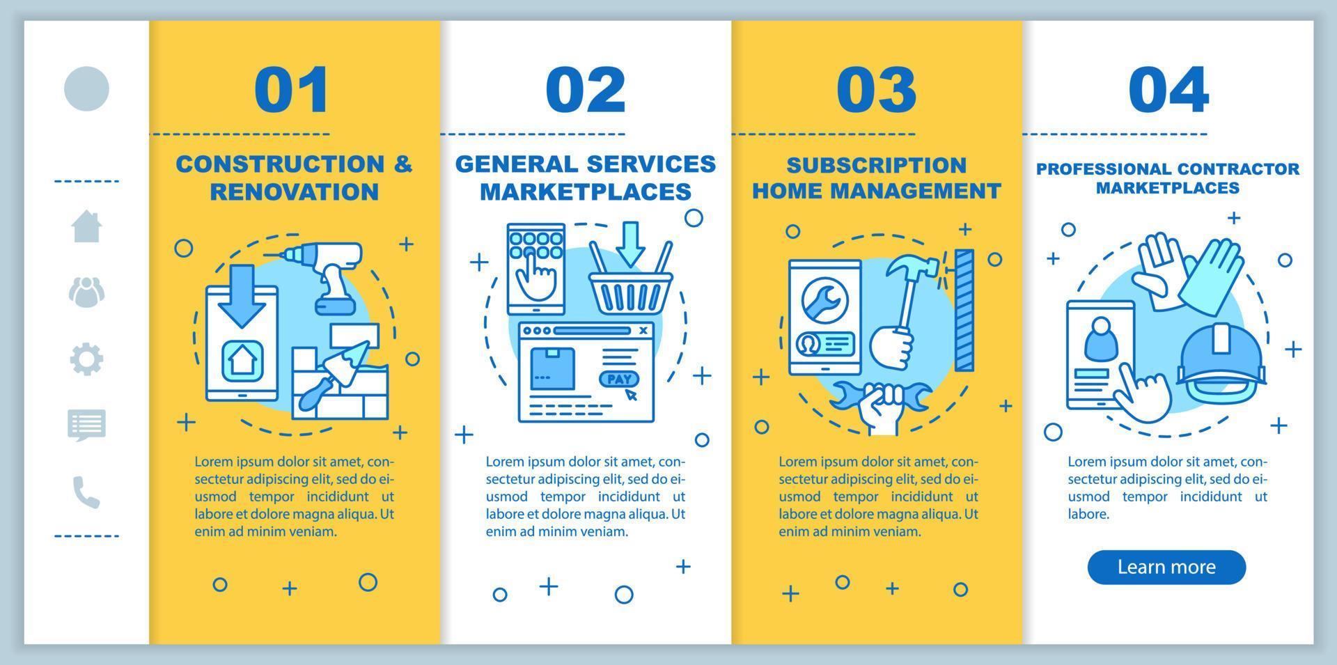 onboarding construcción onboarding plantilla de vector de páginas web móviles. Idea de interfaz de sitio web de teléfono inteligente sensible con ilustraciones lineales. pantallas de pasos del tutorial de la página web del mercado. concepto de color