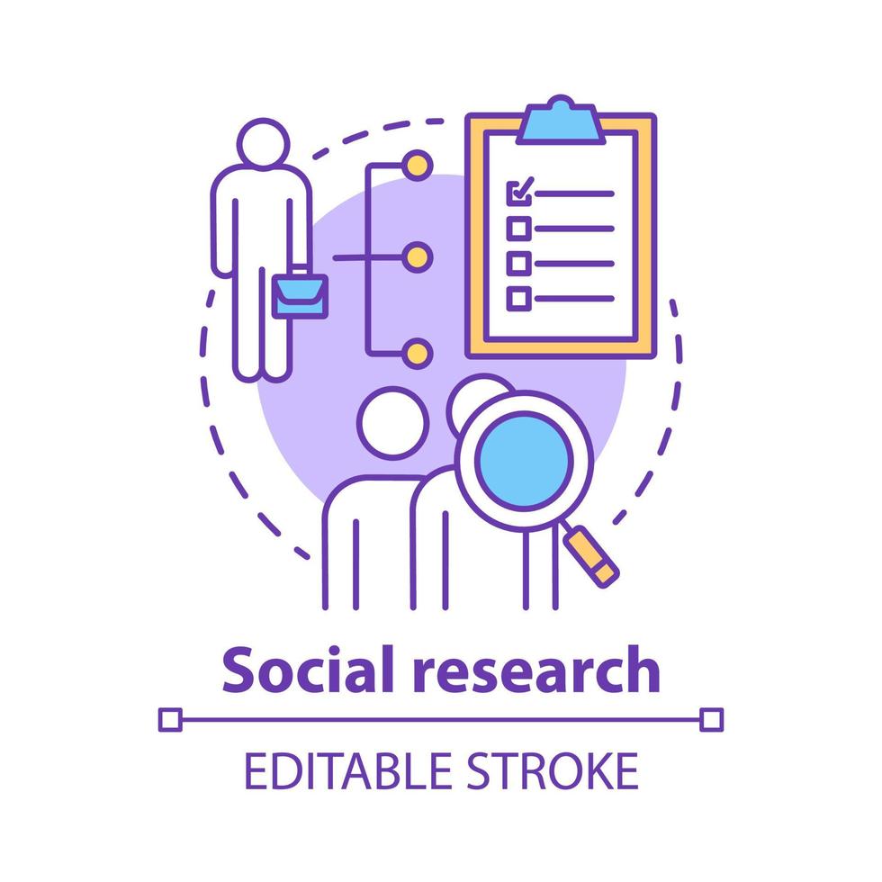 Social research concept icon. Sociology idea thin line illustration. Sociological quantitative analysis. Social poll, survey. Candidate sourcing. Vector isolated outline drawing. Editable stroke