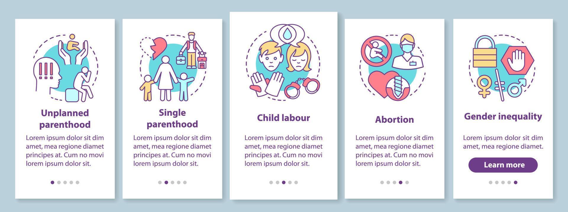Social issues onboarding mobile app page screen with linear concepts. Single parenthood, child labour, abortion, gender inequality walkthrough graphic instructions. UX, UI, GUI template with icons vector