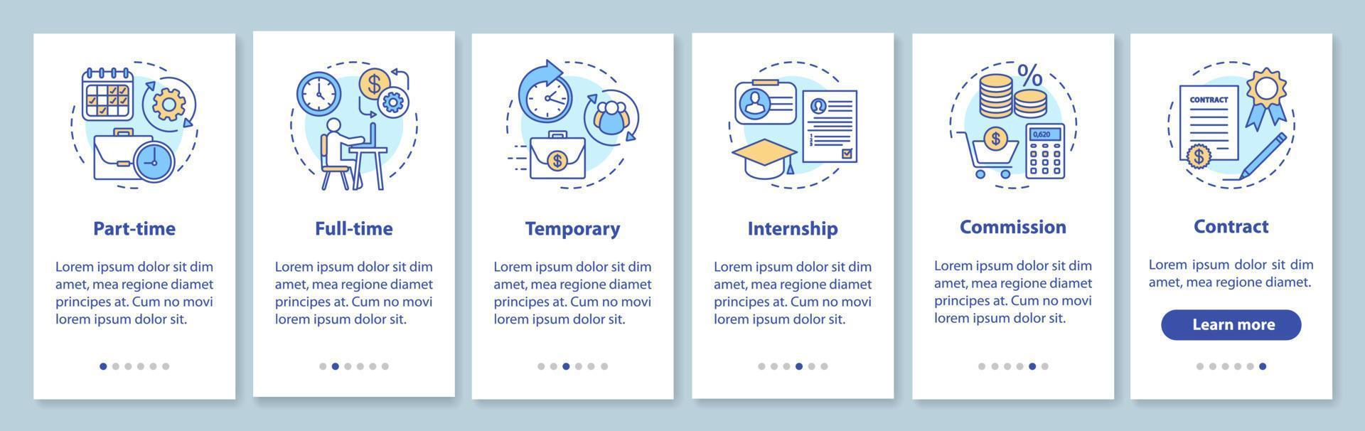 tipos de trabajos incorporando la pantalla de la página de la aplicación móvil con conceptos lineales. instrucciones gráficas de los pasos de la pasantía a tiempo parcial, a tiempo completo, temporal, paso a paso. ux, ui, plantilla de vector de interfaz gráfica de usuario con iconos