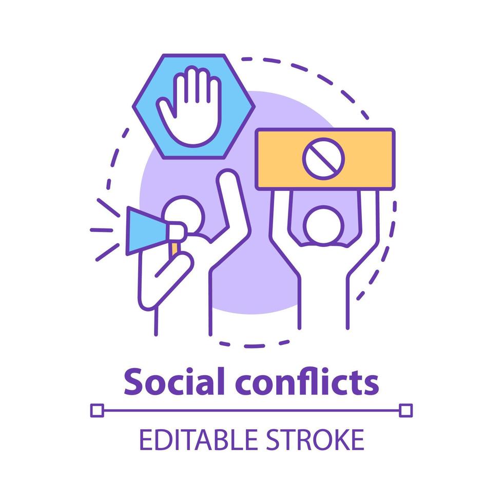 Social conflicts and disputes concept icon. Antisocial behaviour, violence and unrest idea thin line illustration. Riot, strike, civil protest. Vector isolated outline drawing. Editable stroke
