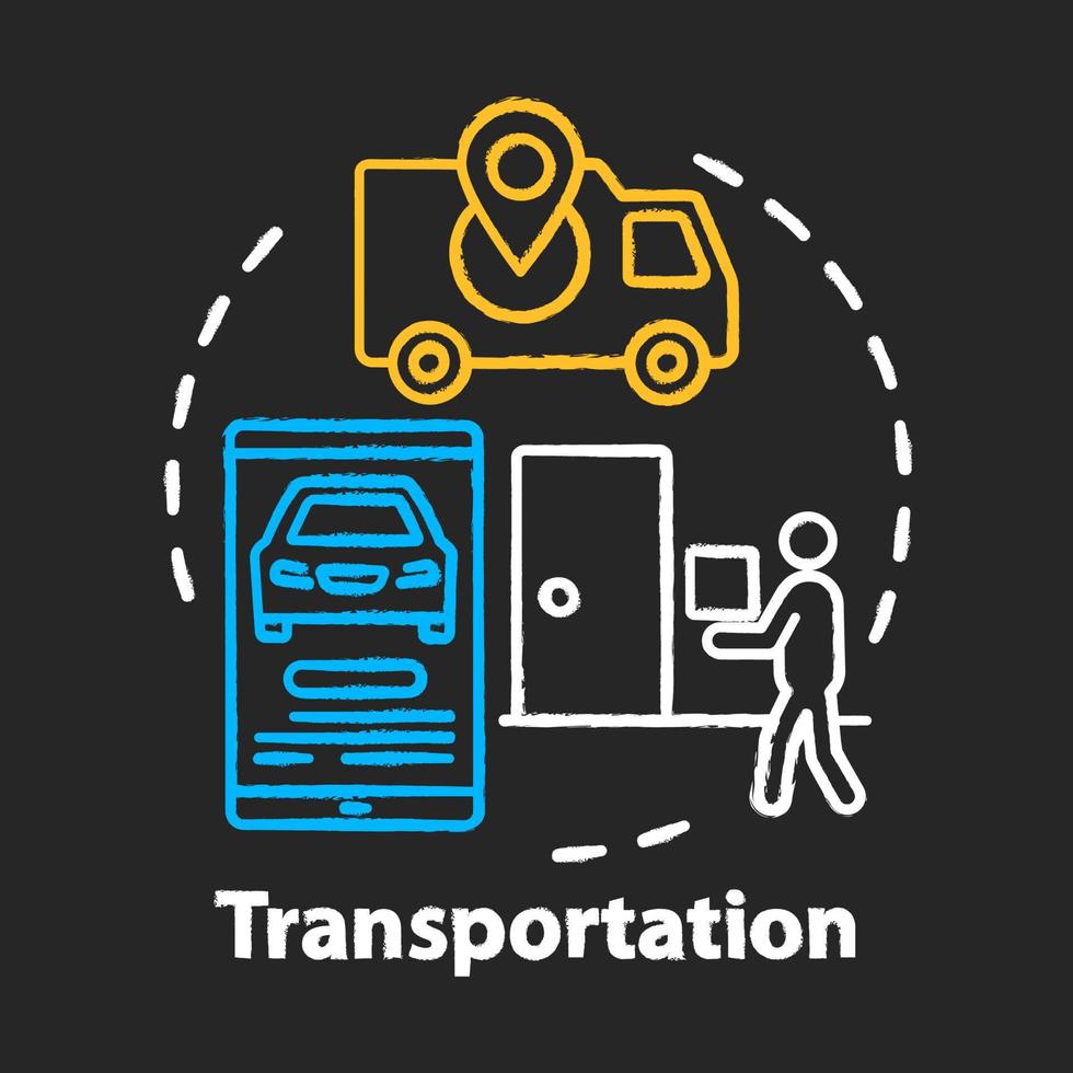 Transportation chalk concept icon. Express home delivery, cab call application idea. Customer service industry. Van, smartphone and courier with package vector isolated chalkboard illustration