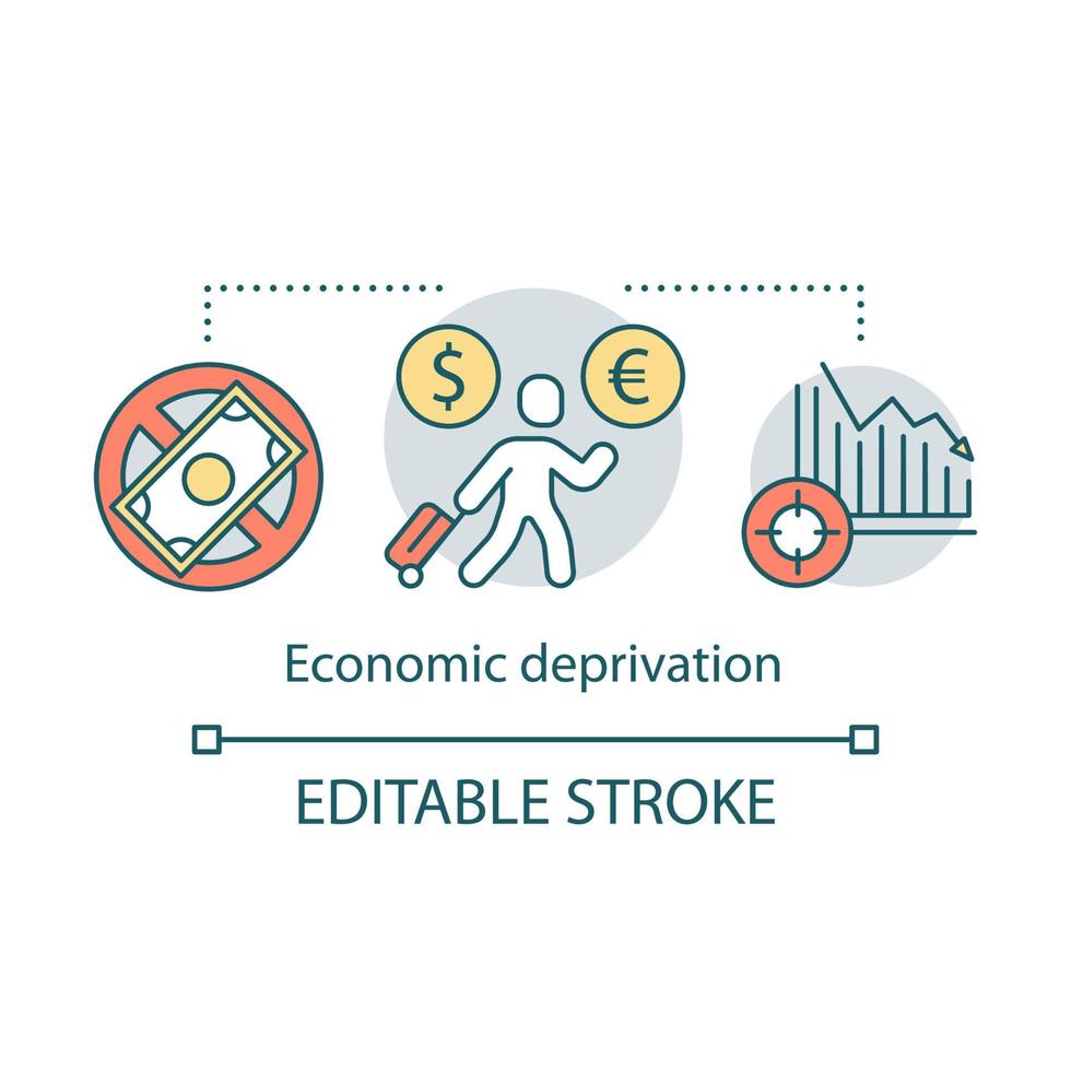 Economic deprivation concept icon. Migrant, guest worker idea thin line illustration. Migration. Financial loss, money lack and unemployment social problem. Vector isolated drawing. Editable stroke