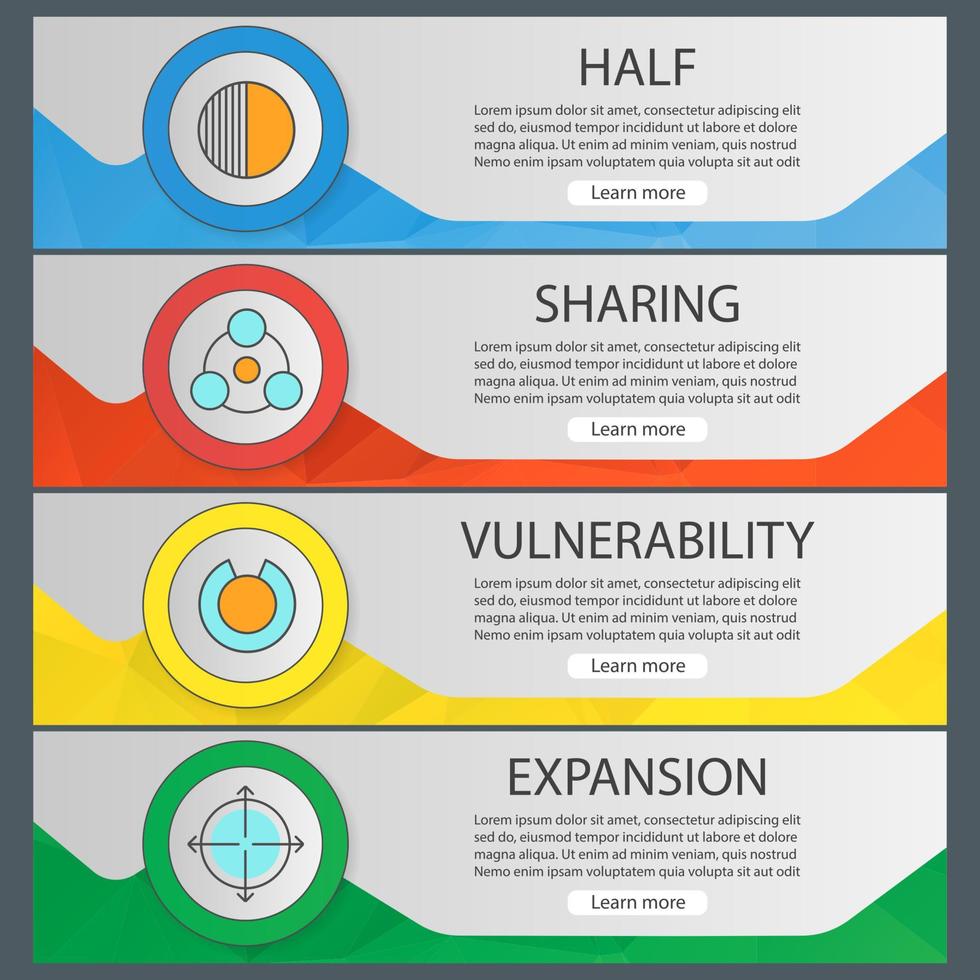 Abstract symbols banner templates set. Half, sharing, vulnerability, expansion concepts. Website menu items. Color polygonal web banner concepts. Vector backgrounds