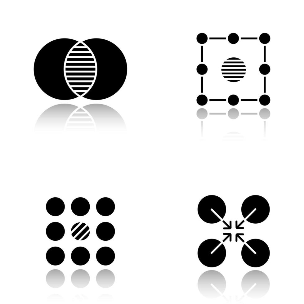 Abstract symbols drop shadow black glyph icons set. Merging, isolation, contradictory, cooperative concepts. Isolated vector illustrations
