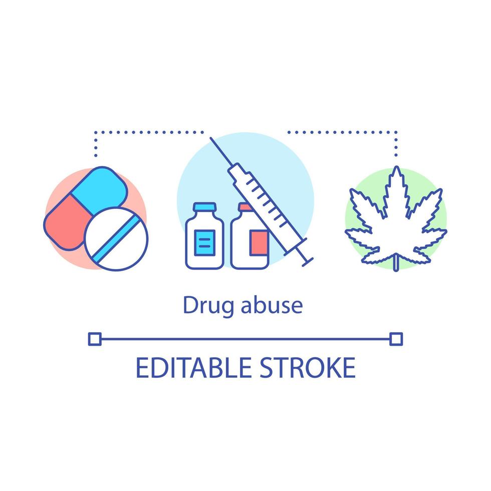 icono del concepto de abuso de drogas. Ilustración de línea fina de idea de adicción a narcóticos y opioides. marihuana, analgésicos, adicción a la heroína. problema de abuso de sustancias. dibujo de contorno aislado vectorial. trazo editable vector