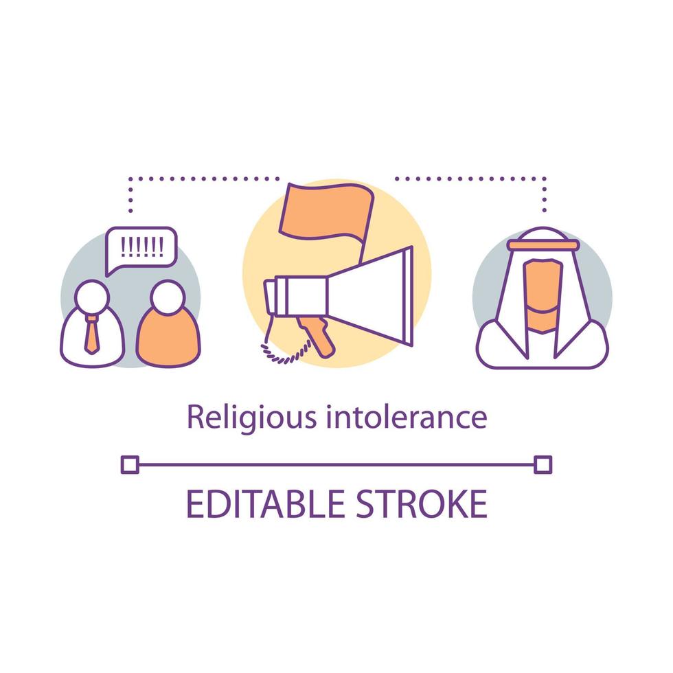 Religious intolerance concept icon. Discrimination thin line illustration. Social prejudice against muslims. Zero tolerance and religious persecution. Vector isolated outline drawing. Editable stroke