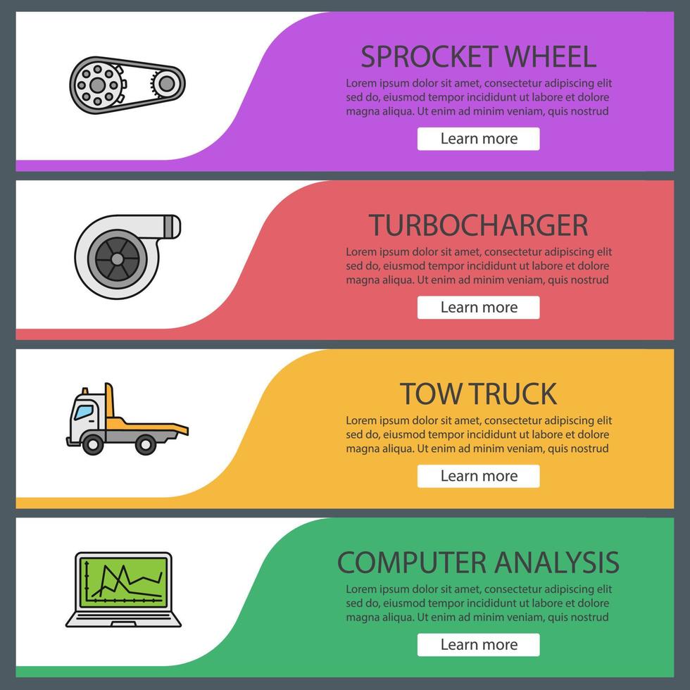 Auto workshop web banner templates set. Sprocket wheel, turbocharger, tow truck, computer analysis. Website color menu items. Vector headers design concepts