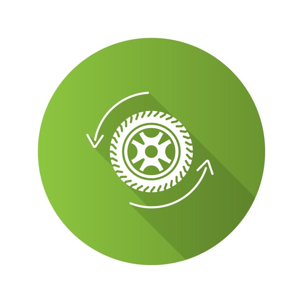 Automobile wheel changing flat design long shadow glyph icon. Car rim and tire with circle arrow. Vector silhouette illustration