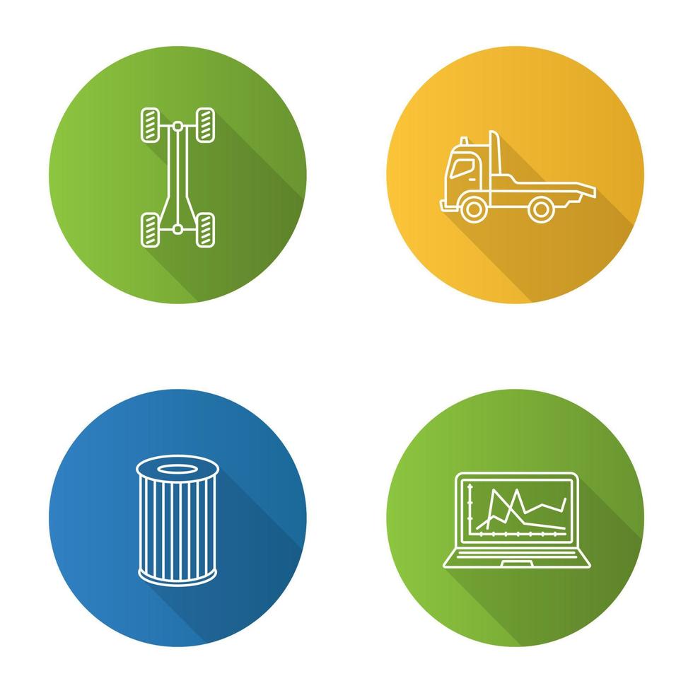 Auto workshop flat linear long shadow icons set. Car chassis frame, tow truck, air filter, computer diagnostics. Vector outline illustration