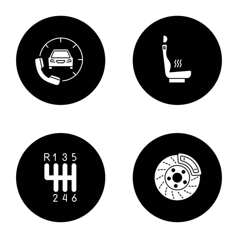 Auto workshop glyph icons set. Car with handset, heated car seat, gear stick, disc brake. Vector white silhouettes illustrations in black circles