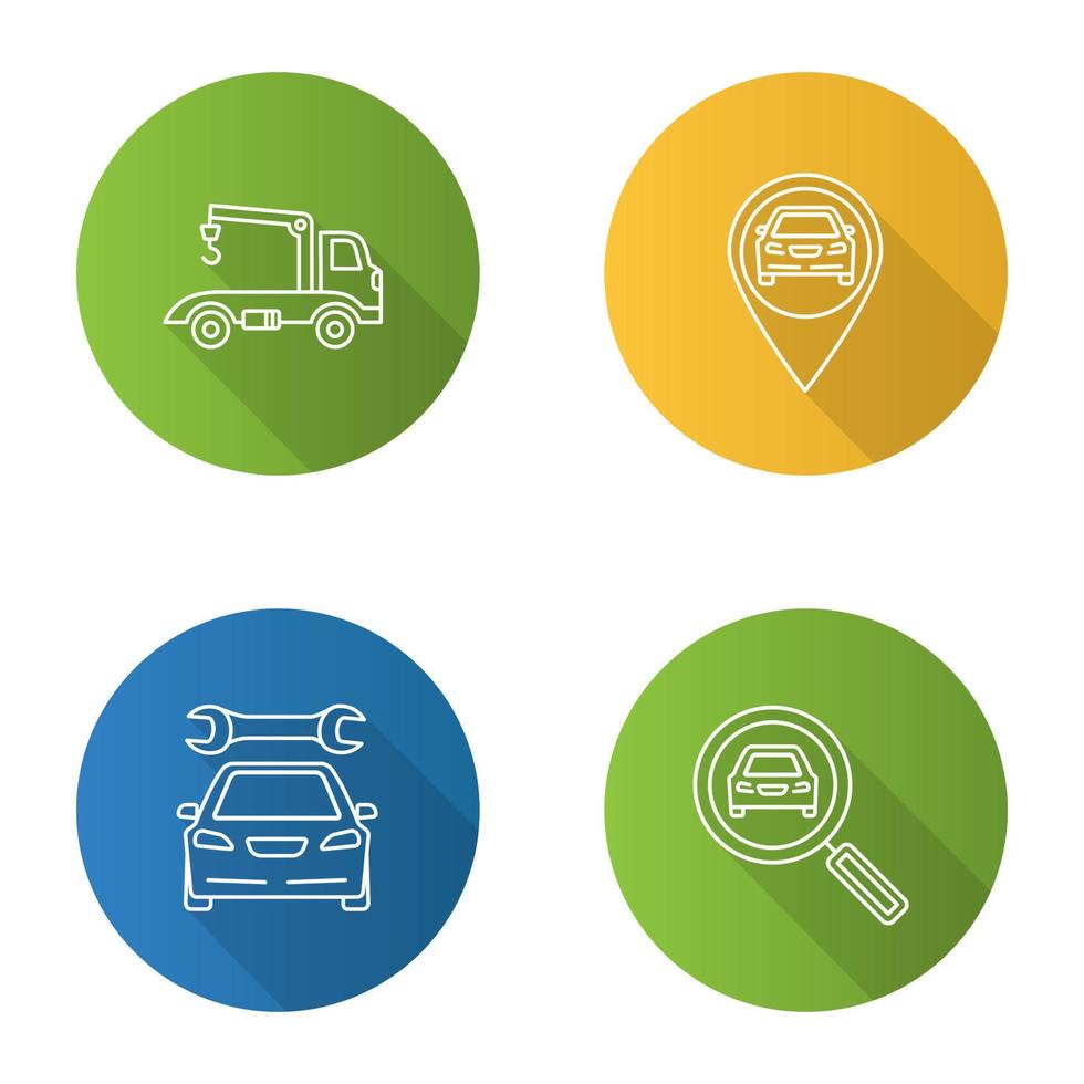 Auto workshop flat linear long shadow icons set. Tow truck, gps navigation, repair service, car searching. Vector outline illustration