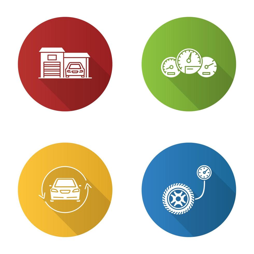 Auto workshop flat design long shadow glyph icons set. Garage, dashboard, car with circle arrow, tire pressure gauge. Vector silhouette illustration