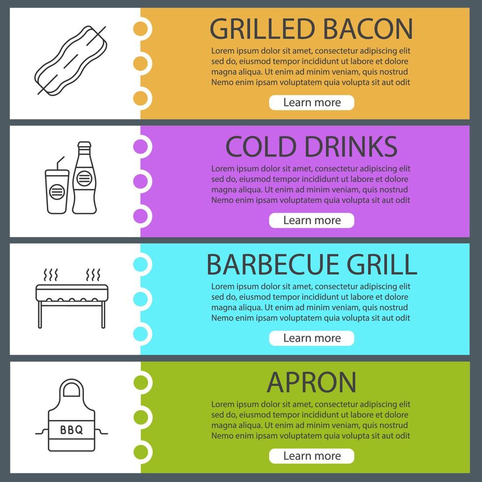 Barbecue web banner templates set. BBQ. Bacon on skewer, cold drinks, grill, apron. Website color menu items with linear icons. Vector headers design concepts