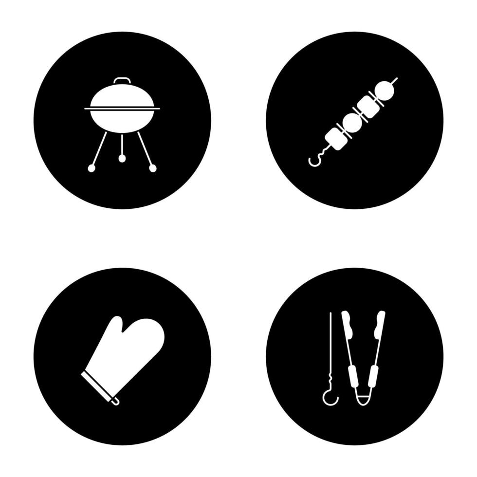 Barbecue glyph icons set. BBQ. Kettle grill, shish kebab, oven mitt, tongs and skewer. Vector white silhouettes illustrations in black circles