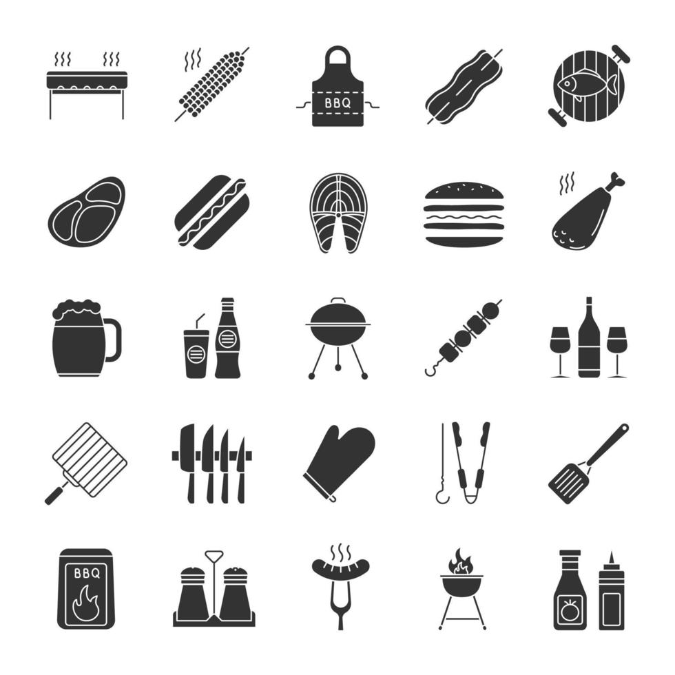 conjunto de iconos de glifo de barbacoa. barbacoa. Parrillas para parrilla, alimentos, bebidas, utensilios de cocina. símbolos de silueta. vector ilustración aislada