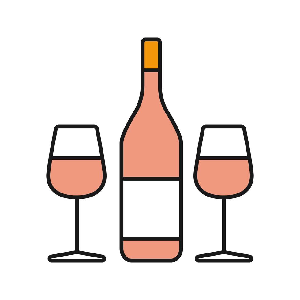 Wine and two glasses color icon. Champagne. Isolated vector illustration