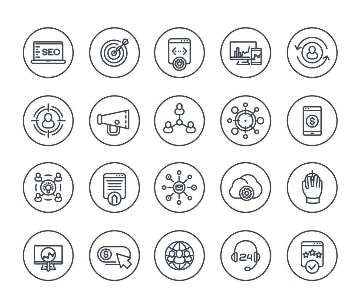 SEO, marketing digital, análisis de sitios web, ranking, iconos de líneas de indexación en blanco vector