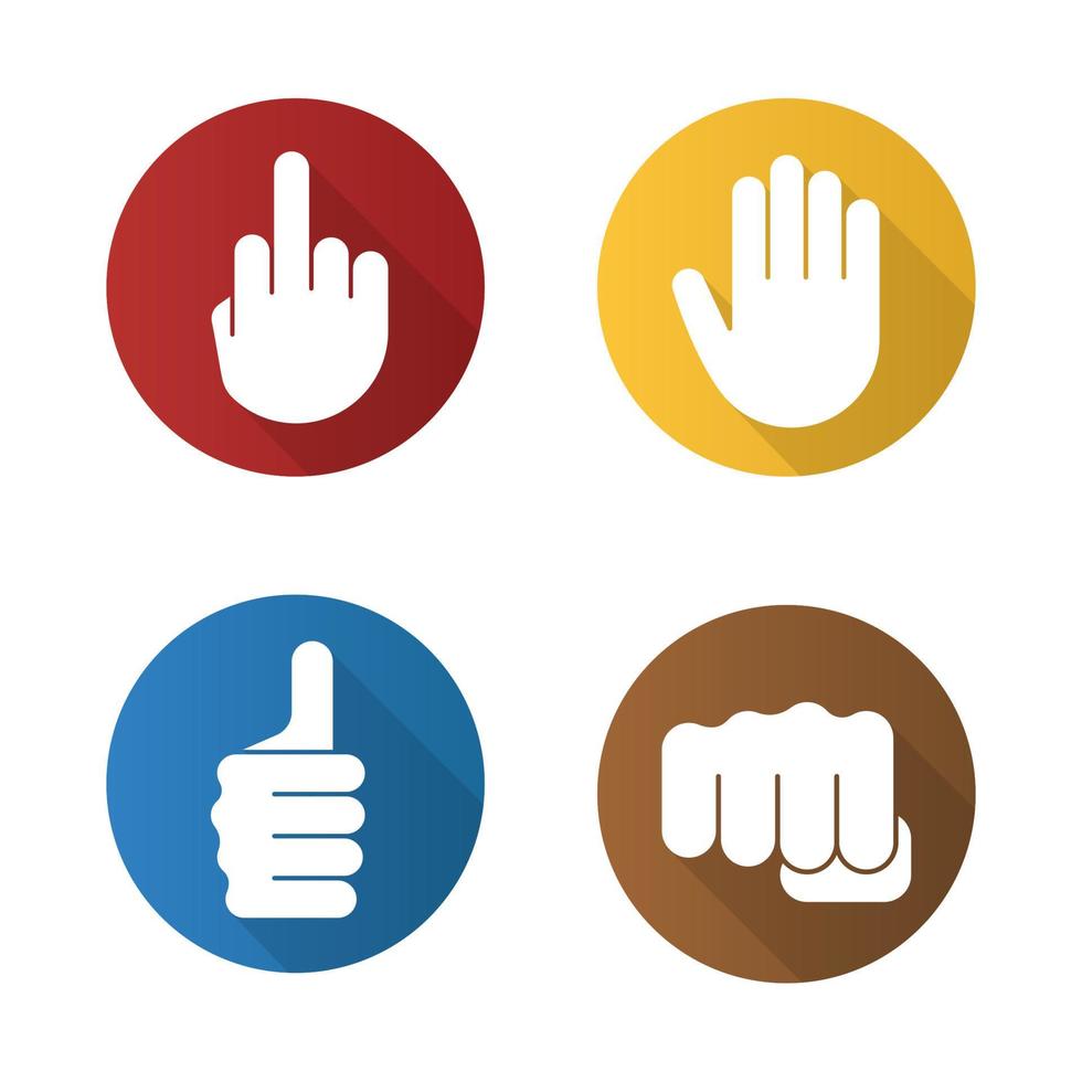Hand gestures flat design long shadow glyph icons set. Middle finger up, palm, punch, thumbs up. Vector silhouette illustration