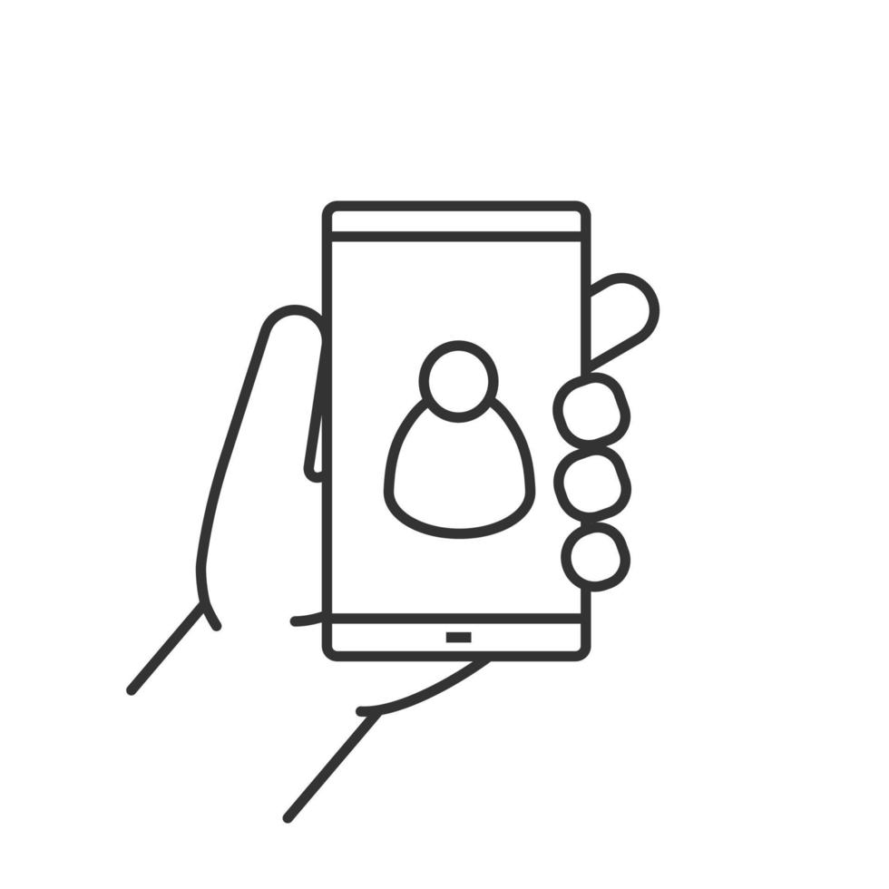 Hand holding smartphone linear icon. Thin line illustration. Smart phone contact contour symbol. Vector isolated outline drawing