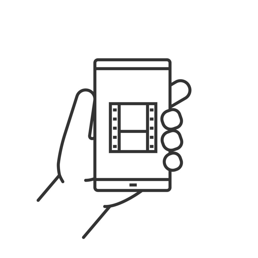 Hand holding smartphone linear icon. Thin line illustration. Smart phone video file contour symbol. Vector isolated outline drawing