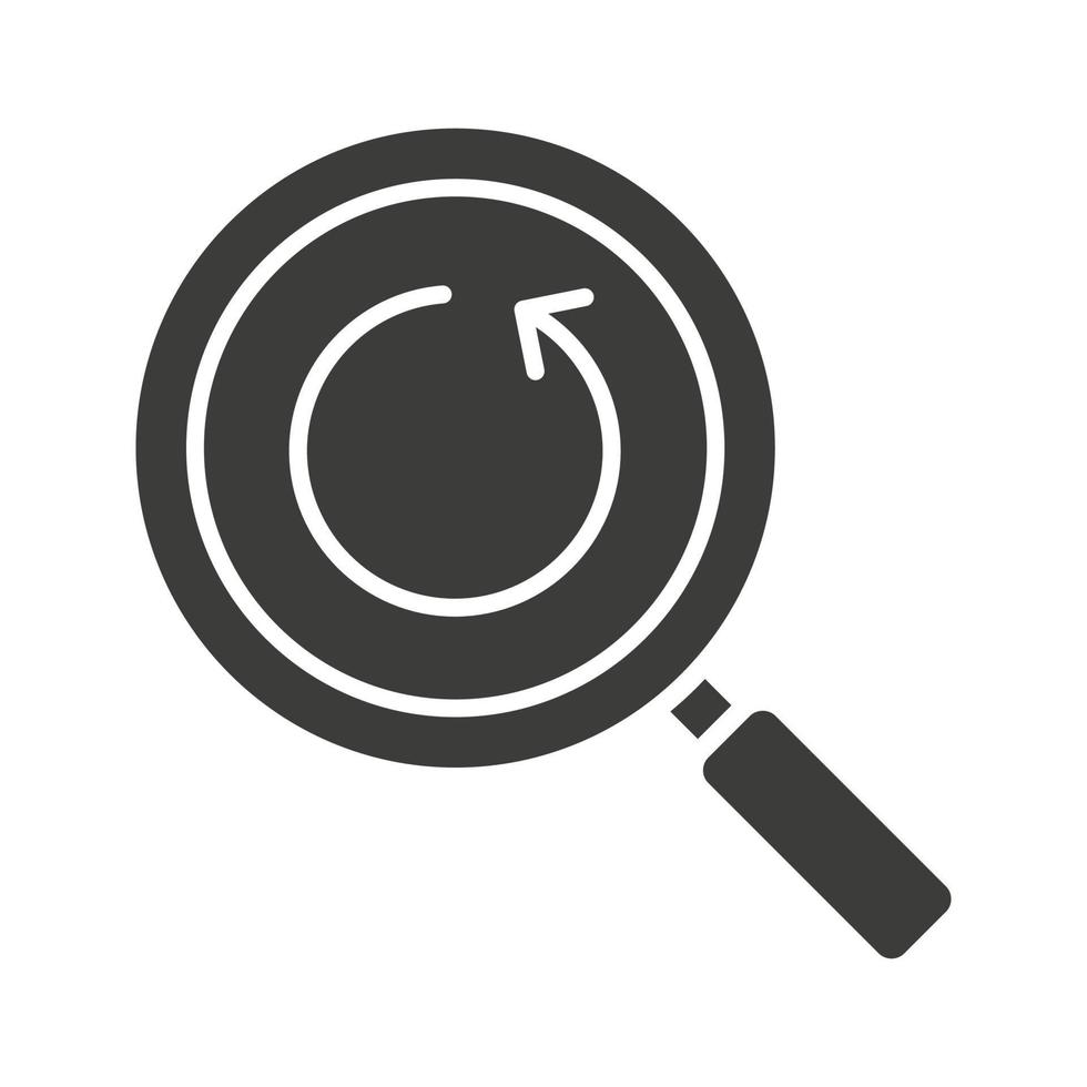 Refresh search glyph icon. Silhouette symbol. Magnifying glass with reload arrow. Negative space. Vector isolated illustration