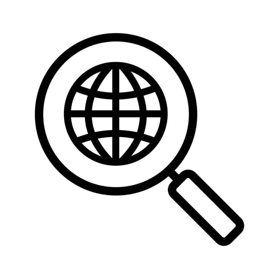 Network search linear icon. Thin line illustration. Magnifying glass with globe contour symbol. Vector isolated outline drawing