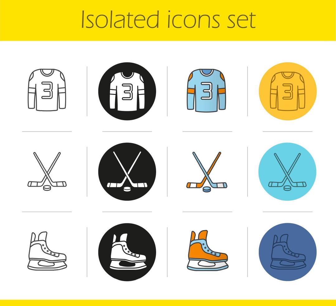 Ice hockey equipment icons set. Linear, black and color styles. Hockey player's shirt and skate, sticks with puck. Isolated vector illustrations