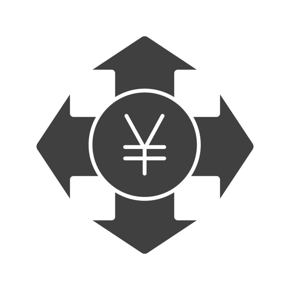 Money spending glyph icon. Expanses silhouette symbol. Japanese yen with all direction arrows. Negative space. Vector isolated illustration