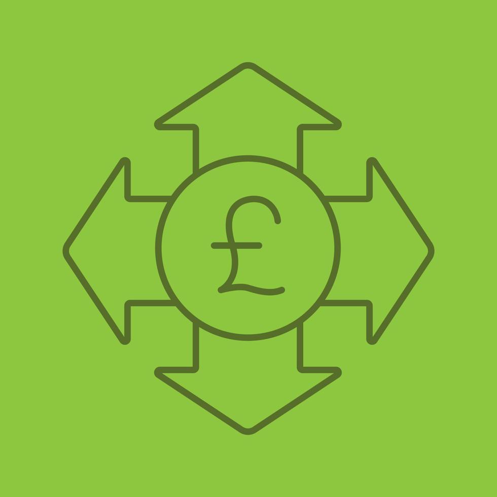 Money spending color linear icon. Great Britain pound with all direction arrows. Expanses. Thin line contour symbols on color background. Vector illustration