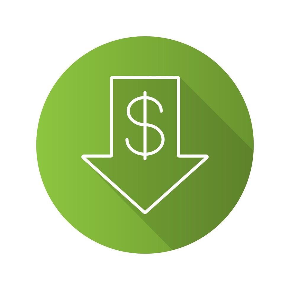 Dollar rate falling flat linear long shadow icon. US dollar with down arrow. Vector outline symbol