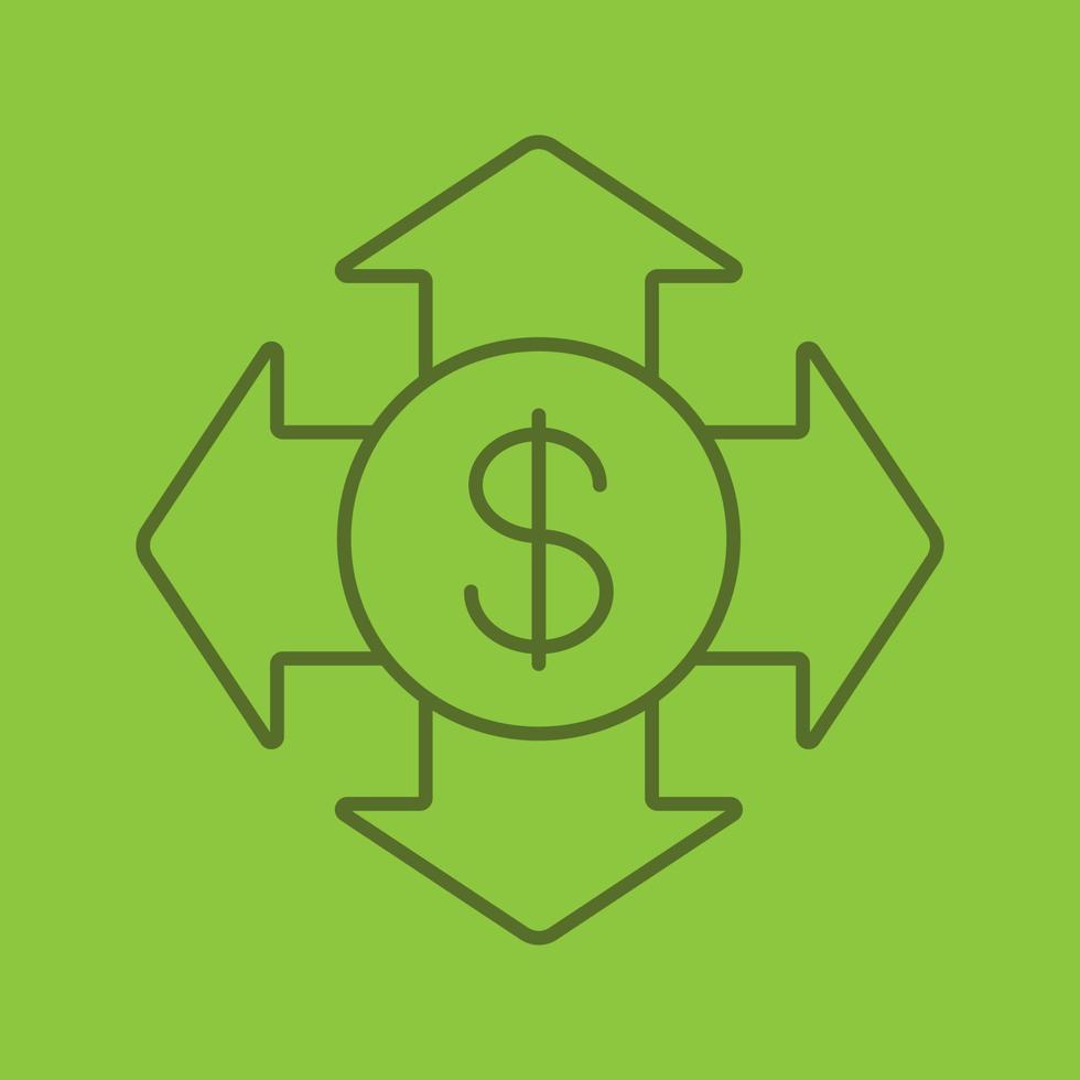 Money spending color linear icon. Expanses. USA dollar with all direction arrows. Thin line outline symbols on color background. Vector illustration