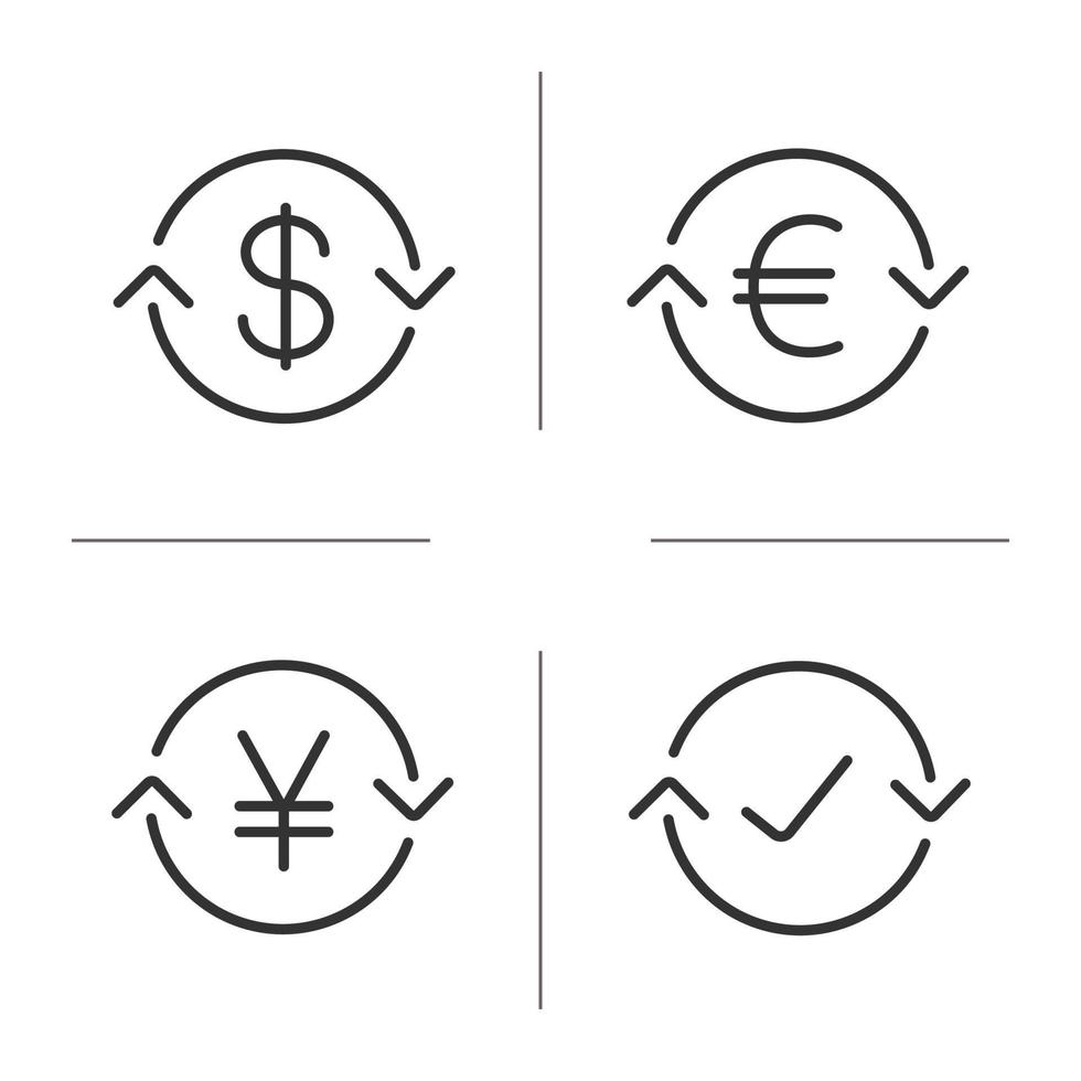 Money exchange linear icons set. US dollar, euro, Japanese yen, completed exchange. Refund. Thin line contour symbols. Isolated vector outline illustrations