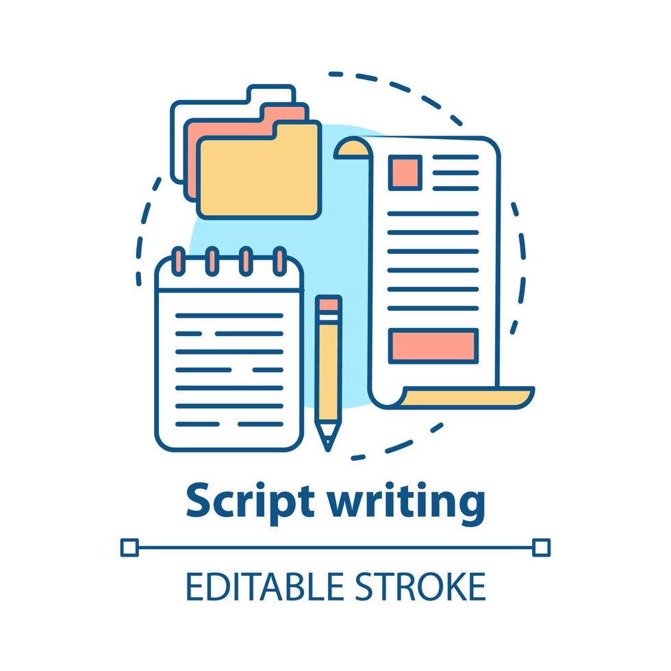 Script writing concept icon. Screenwriting, scriptwriting. Copywriting idea thin line illustration. Content creating. Article, essay writing. Vector isolated outline drawing. Editable stroke