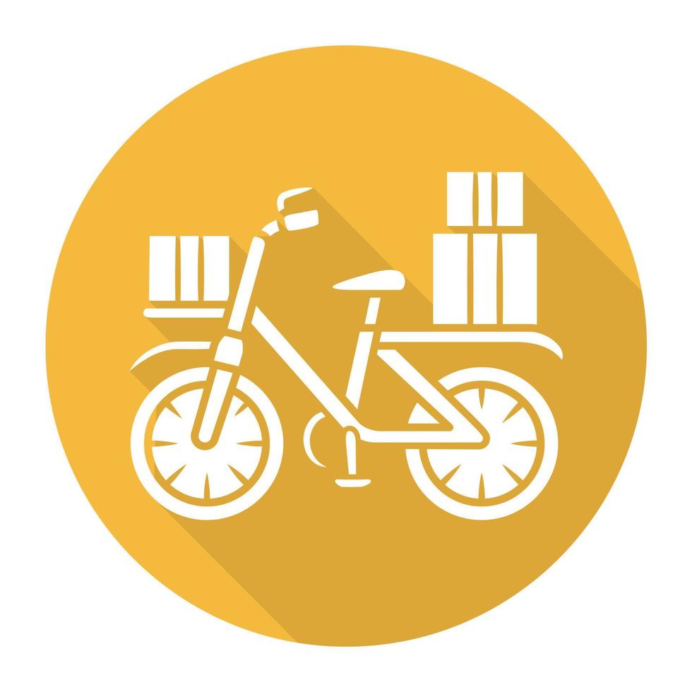 Bicycle delivery yellow flat design long shadow glyph icon. Bike with parcel packages. Bicycle messenger, cycle courier. Express bike shipping. Postal service. Vector silhouette illustration