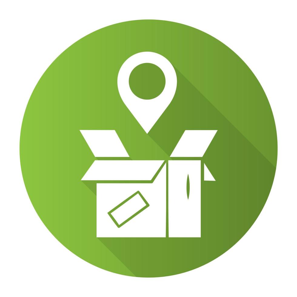 Parcel tracking green flat design long shadow glyph icon. Package location monitoring. Order status postal tracking. Delivery service. Cardboard box with map pin. Vector silhouette illustration