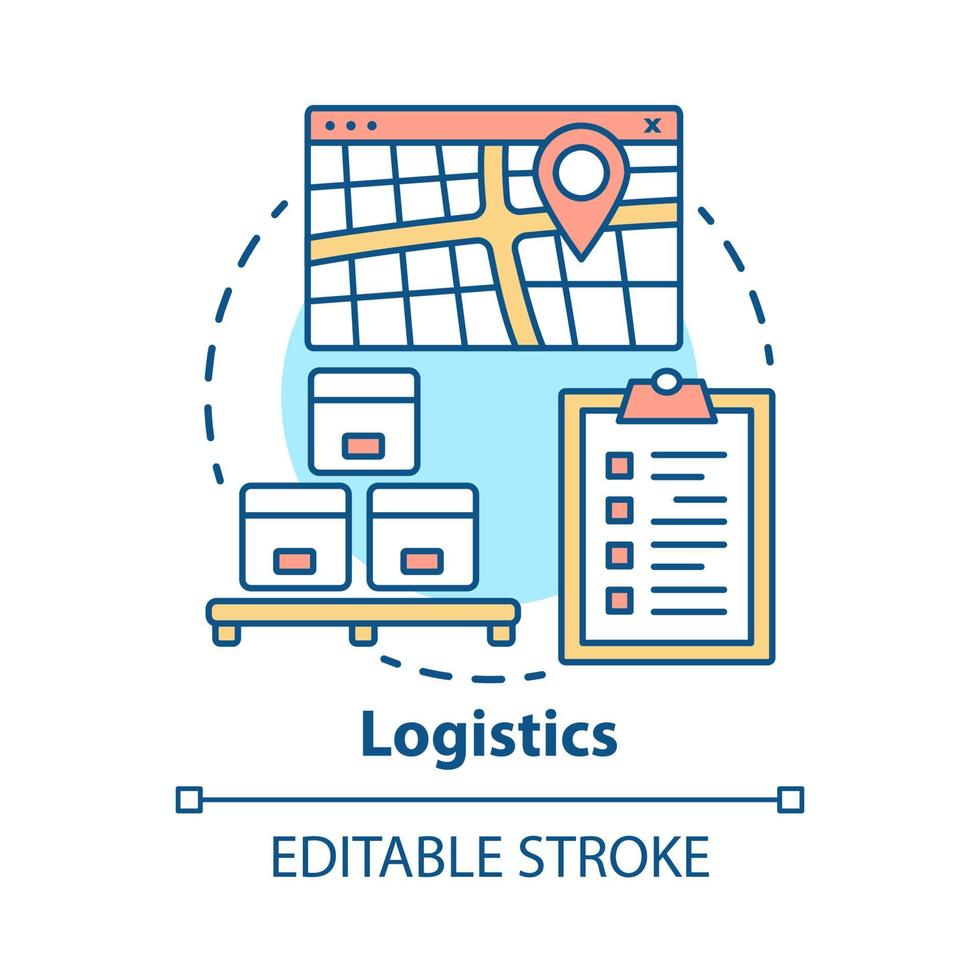 Logistics distribution concept icon. Warehouse, storehouse, goods storage idea thin line illustration. Shipment, cargo and parcels delivery service. Vector isolated outline drawing. Editable stroke
